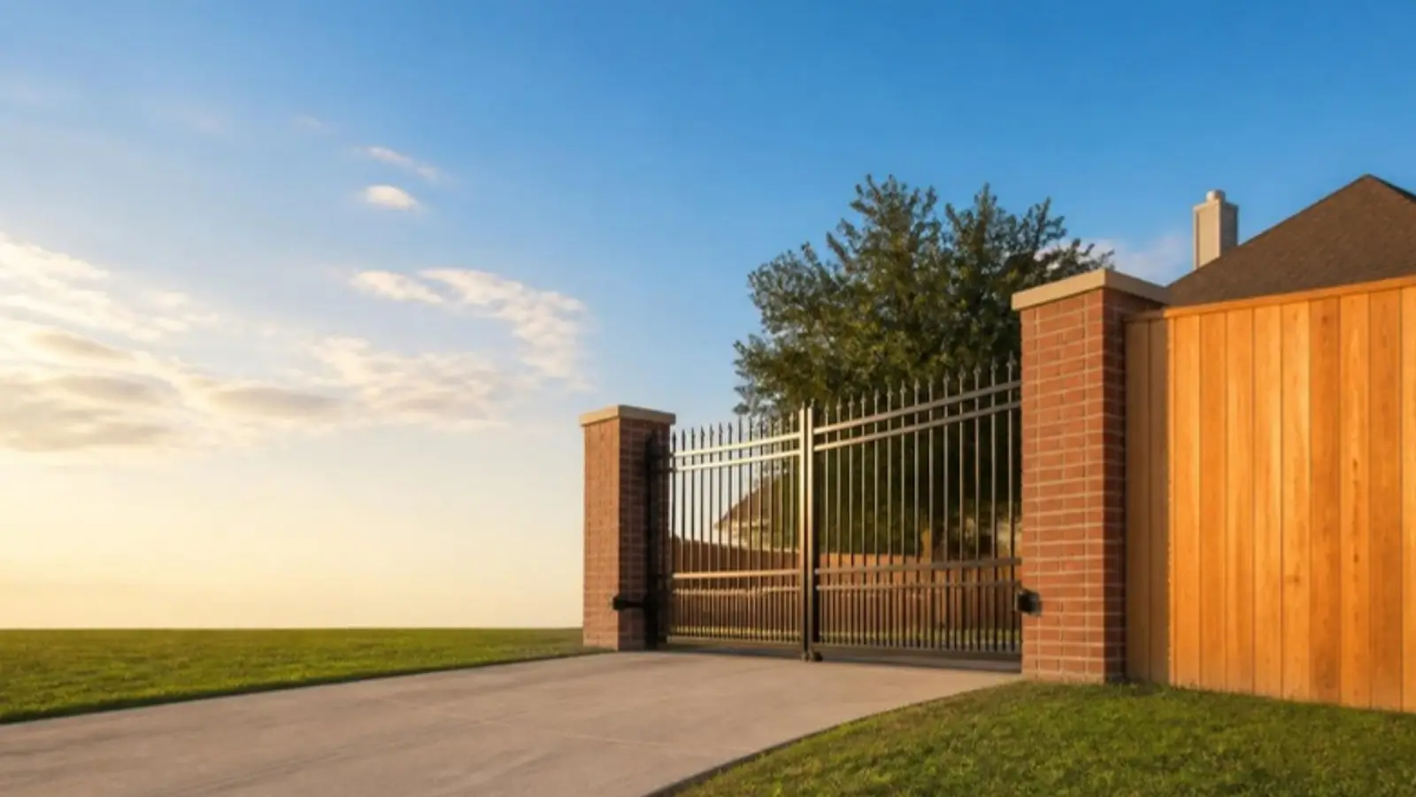 Black iron driveway gate and cedar privacy fence at a Houston home
